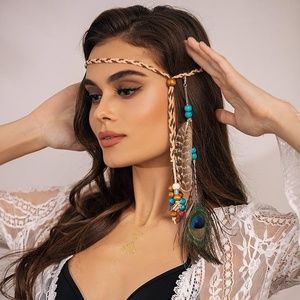 Indian Peacock Feather Headbands Boho Princess Head Chain Bule Adjust Headdress